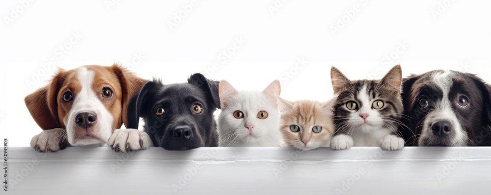 Dogs and Cats, peeking over the clear solid white top line, petshop banner, happy, smile, funny. Generative AI image weber.