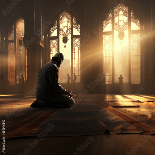 Religious Muslim men are praying in the mosque. photo