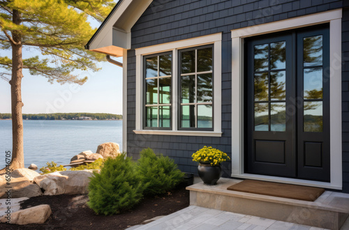 Main entrance door in house. Exterior of georgian style home cottage with white columns and stone cladding