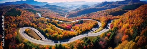 aerial view of aerial view of fall road curves of beautiful scenic mountains around, generative AI photo