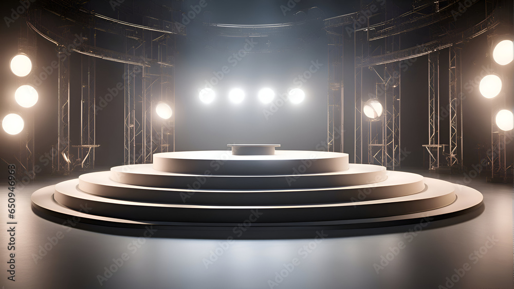 Round stage podium illuminated with spotlights. Award ceremony concept. 3D Rendering  - obrazy, fototapety, plakaty 