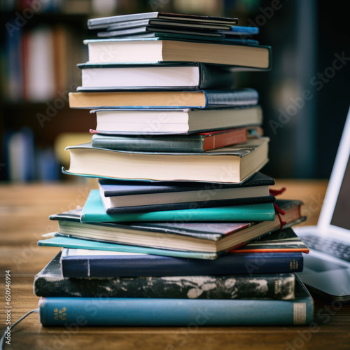  a pile of books with a laptop on top 