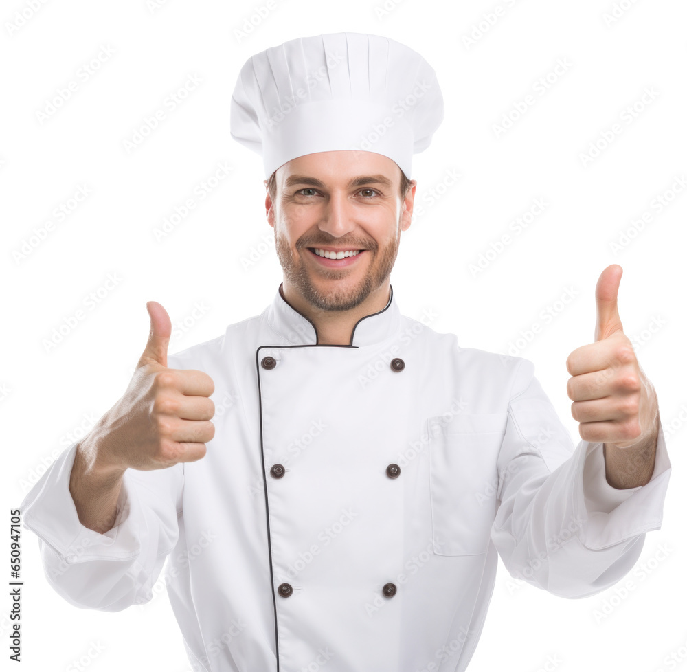 Cheerful young man chef showing both thumbs up isolated.