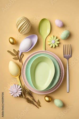 Easter celebration concept. Top view vertical photo of empty dishes easter eggs cutlery baking molds and easter bouquet on isolated pastel beige, Generative AI 