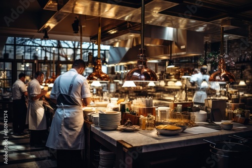 Commercial kitchen. Chefs rush, waiters serve, diners enjoy cuisine. Efficient, bustling restaurant scene.
