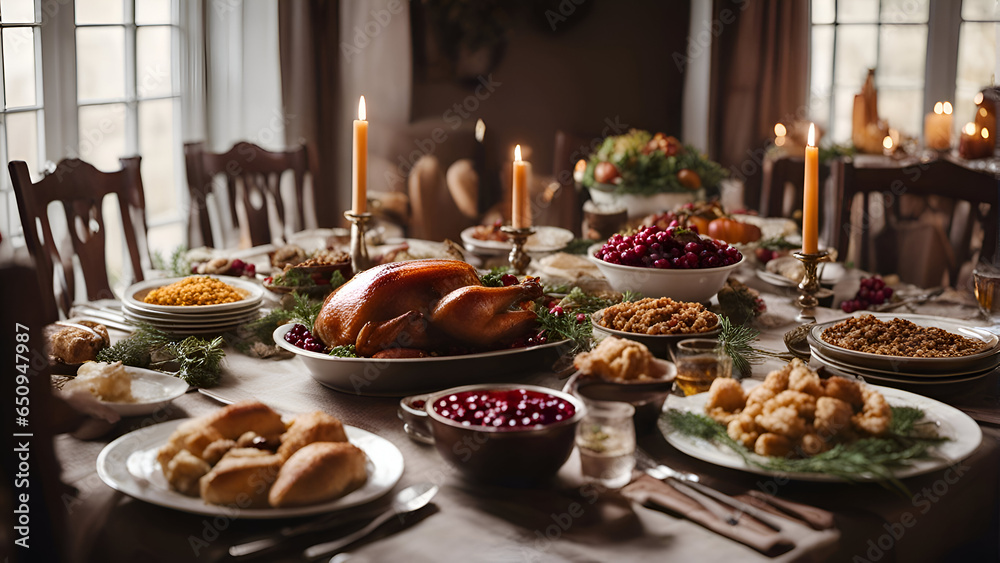 Thanksgiving dinner table with turkey and other traditional dishes. selective focus 
