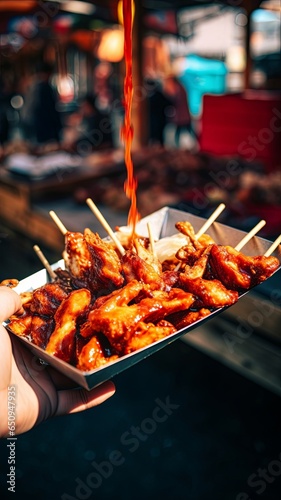 Street food chicken on hipster market. Grill and barbecue food, Generative AI 