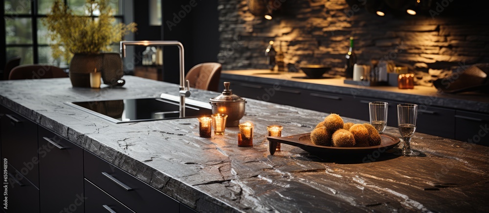 Black kitchen with granite countertop and stone island. Web banner