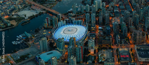 Aerial View of Downtown Vancouver at night after Sunset. British Columbia, Canada