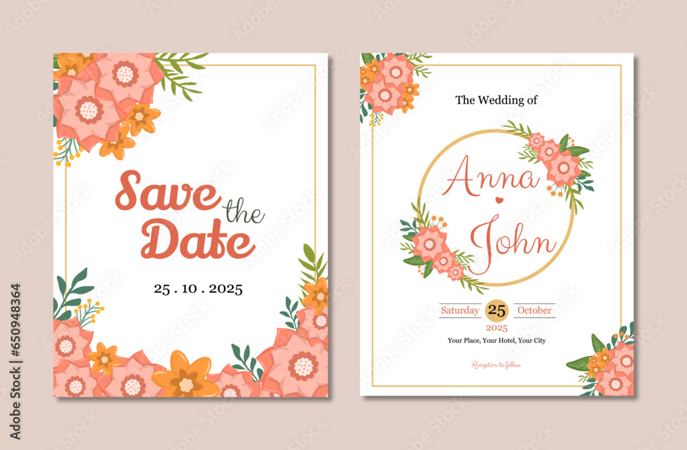 Pink and Orange Floral Blossom Bouqet Wedding Invitation Card Vector