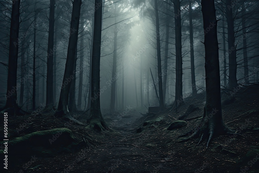 Fototapeta premium Forest in fog creating a mysterious atmosphere