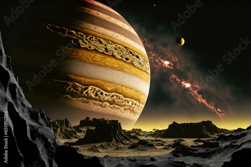 photorealistic planet jupiter hanging in sky over sulfurous volcanic Io landscape black sky pastel bands on Jupiter yellowish foreground terrain raytraced Io 