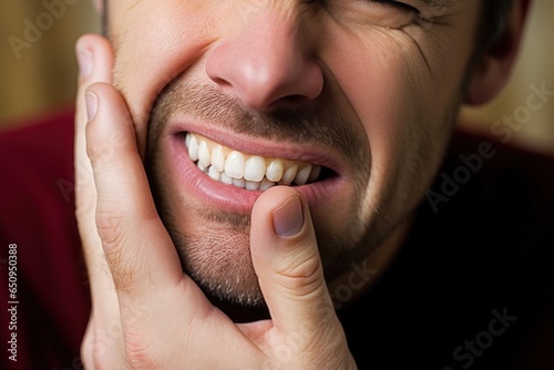 Tooth ache concept holding his cheek with hand, suffering from bad toothache. Generative AI.
