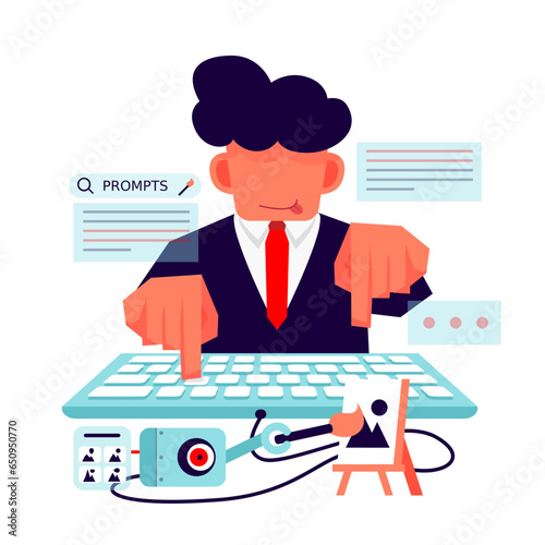 A businessman typing on a keyboard generating an image with the help of AI using a prompt. A robot assists the man create an image on a screen or canvas.
