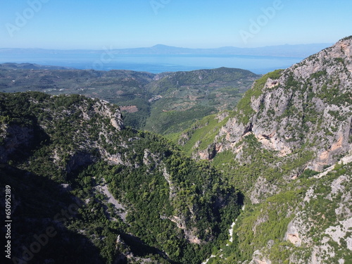 Aerial view over the famous Ridomo gorge in mountainous Mani area in Messenia, Peloponnese, Greece