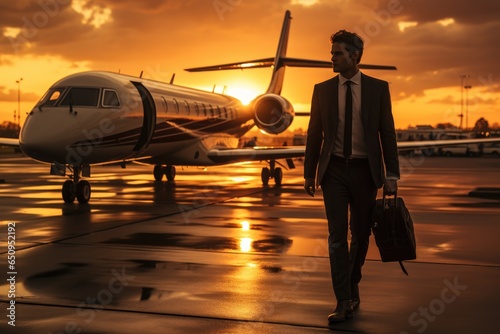 Businessman entering private jet flight on sunset