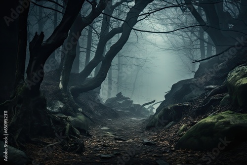 Forest in fog creating a mysterious atmosphere 
