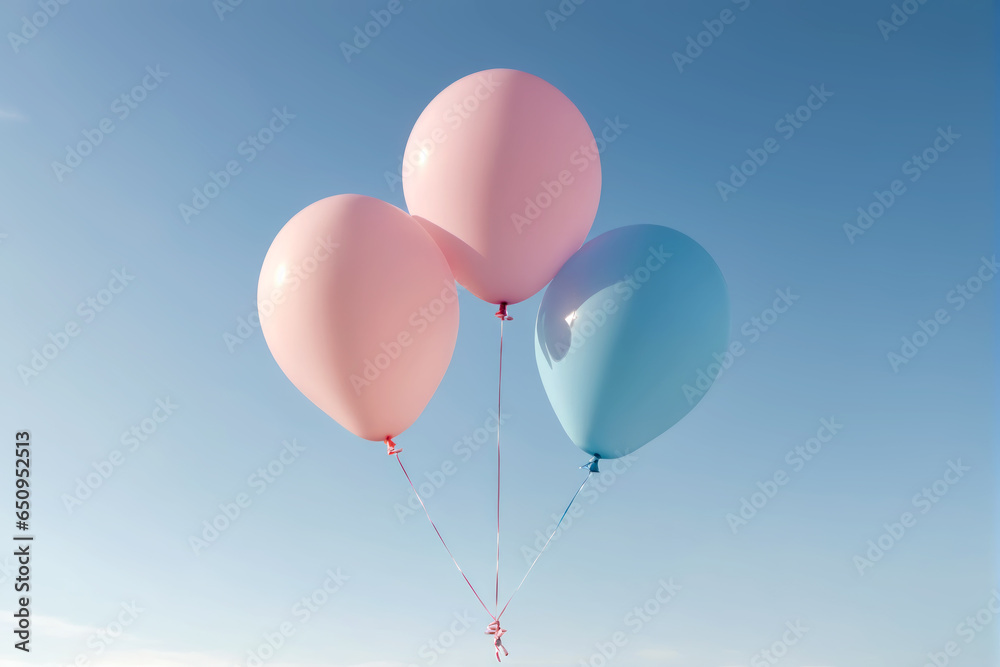 Serene Pastel Balloons Drifting in a Minimalist Blue Sky, AI Generated