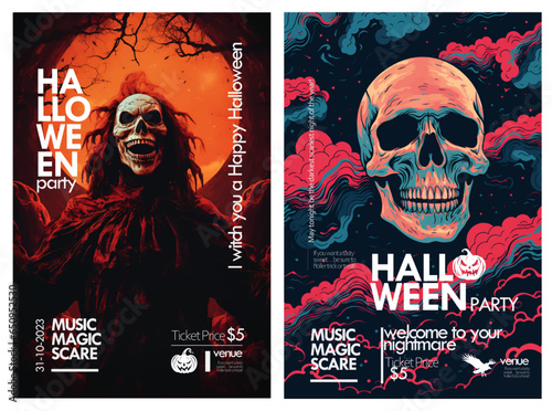 Happy Halloween party poster set, abstract skull skeleton halloween flyer, Art cover horror night. October 31 holiday evening promotional artwork. Typography print template © haris