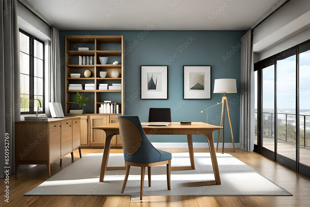 Home office furniture  desk with chair. Workplace ergonomics. Fully editable, interior with cozy atmosphere and bookcases on background  3d render