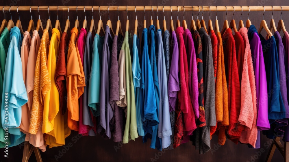 clothing rack full of colorful clothing. generative AI