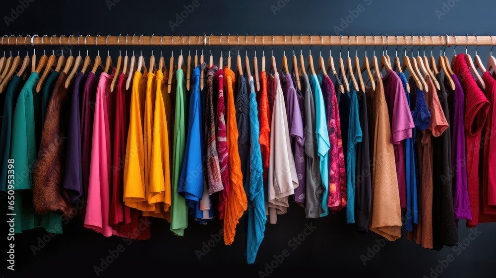 clothing rack full of colorful clothing. generative AI