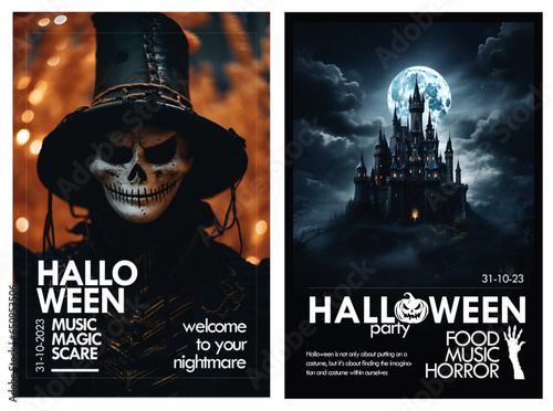 Happy Halloween party poster set, abstract skull skeleton halloween flyer, Art cover horror night. October 31 holiday evening promotional artwork. Typography print template