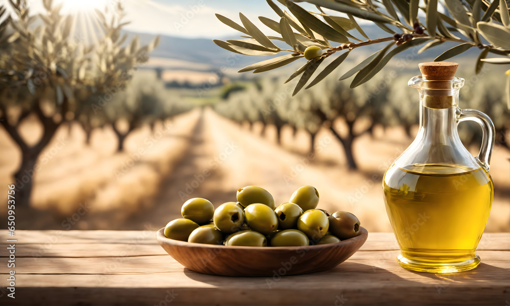 Glass container with olive oil on wooden table with branches and olives in crop field full of olive trees with sunshine. AI generative.