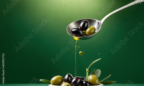 A spoonful of oil is poured onto the bowl containing different types of olives. AI generative