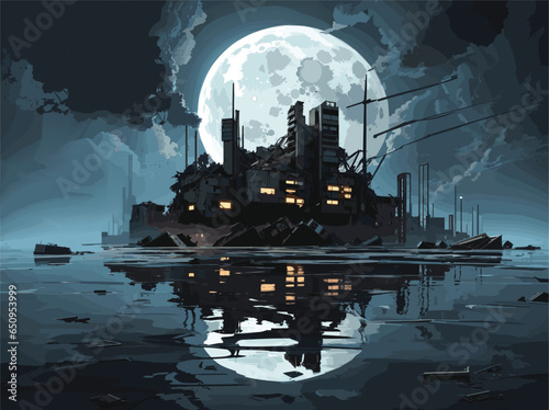 "Imagine a complex vector-style composition of a post-apocalyptic world, where collapsed buildings are partially submerged in toxic waters, and distorted reflections of the moon create an unsettling