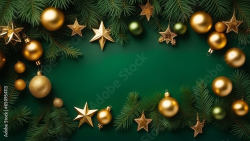Christmas frame top border made of fir tree branches, golden decorative stars, balls over green background