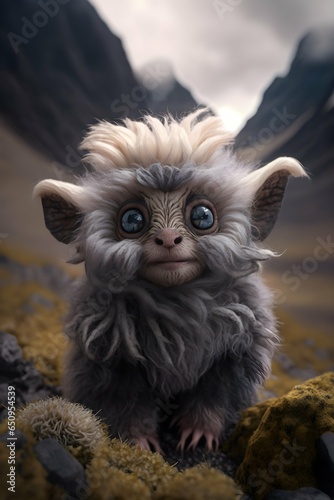 wide angle close up macro photography fantasy taxidermy cute adorable bigeyes chimera monster horned marmoset mountain goat beb snowy mountains chibi monkey goat  photo