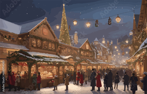 Illustrate a bustling Victorian-era Christmas market, with intricately designed wooden stalls adorned with twinkling lights, selling handcrafted toys, warm beverages, and festive treats