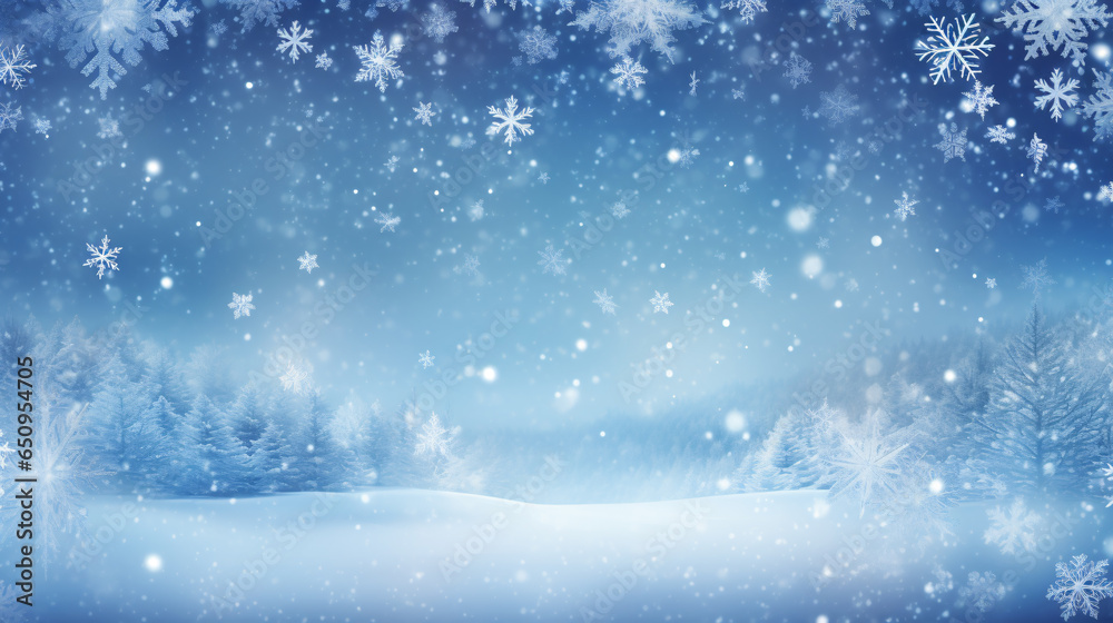 blue christmas background with snowflakes - snow field with mountains