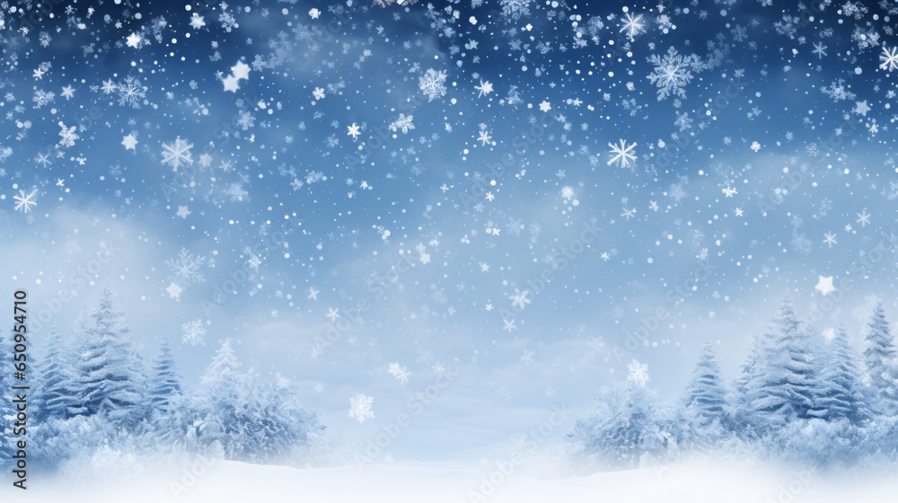 Natural Winter Christmas background with sky,  heavy snow falling with snowflakes