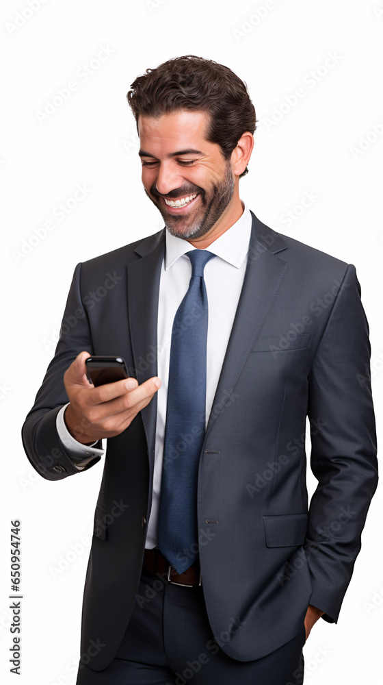handsome smiling businessman using mobile phone in a isolated white background handsome smiling businessman using mobile phone in a isolated white background