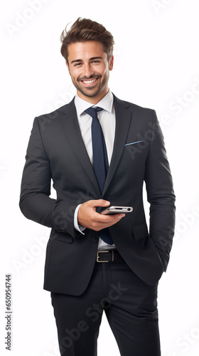 businessman with phone, smiling man wearing suite and tie