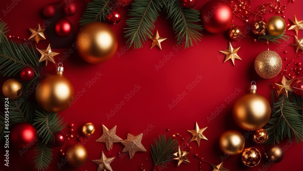 Christmas frame top border made of fir tree branches, golden decorative stars, balls over red background Christmas frame top border made of fir tree branches, golden decorative stars, balls over red background