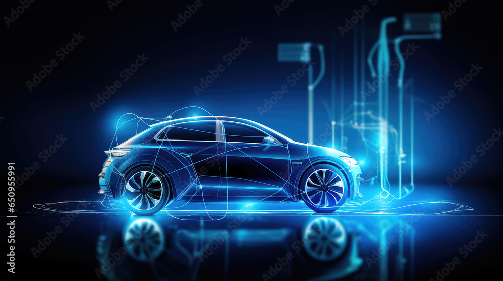 Low poly style design vector of EV Car or Electric vehicle at charging station with the power cable supply plugged Eco-friendly sustainable energy concept. Wireframe light connection structure. - obrazy, fototapety, plakaty 