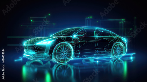 Low poly style design vector of EV Car or Electric vehicle at charging station with the power cable supply plugged Eco-friendly sustainable energy concept. Wireframe light connection structure.