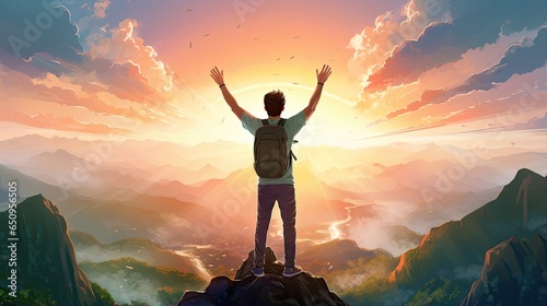 Male hiker, full body, view from behind, standing on top of a mountain with spectacular view with raised arms, hands clenched into fist