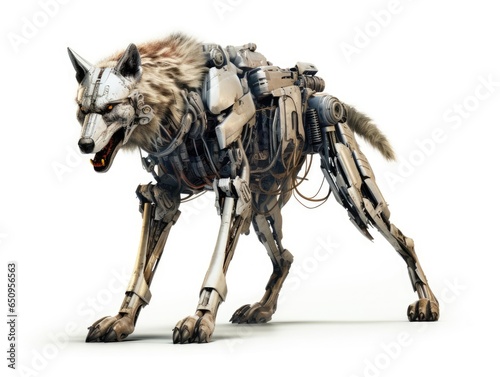 A frightening futuristic killer cyborg coyote full body view isolated on white