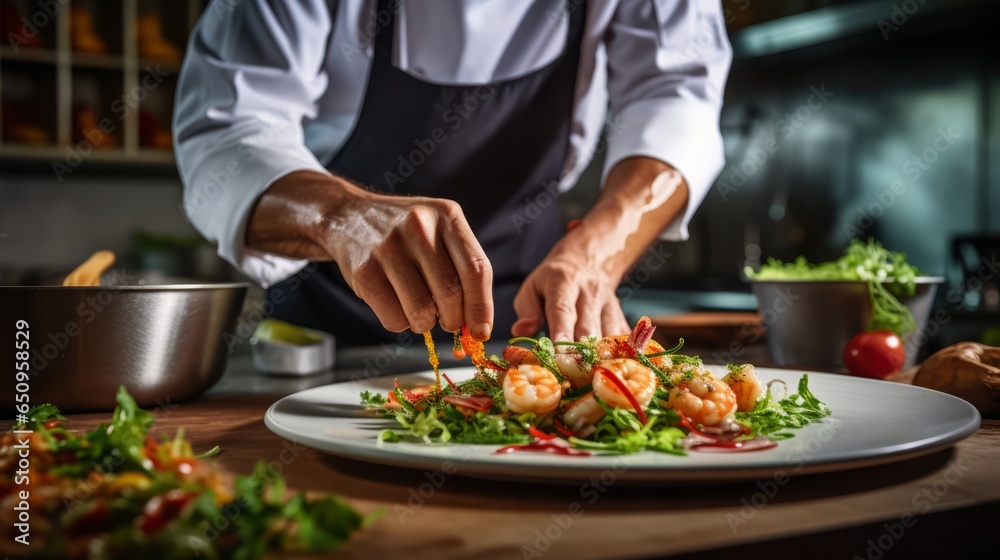 Exquisite Dish,Expertly Prepared Shrimp with Fresh String Beans by a Chef