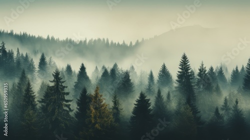 Enchanting Misty Landscape: Vintage Nostalgia Style Fir Forest