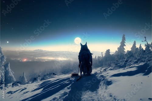 final fantasy lonely wolf surrounded by snow monsters full moon night cinematic light detailed ultra sharp reallistic  photo