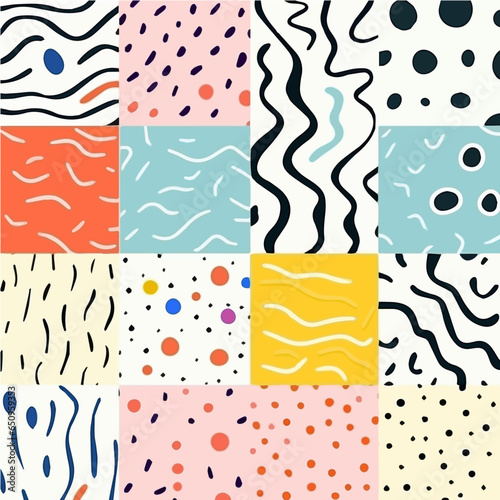 Abstract lines seamless patterns, vector modern trendy backgrounds set. Organic patterns with color memphis dots and irregular doodle lines, squiggle texture creative design photo
