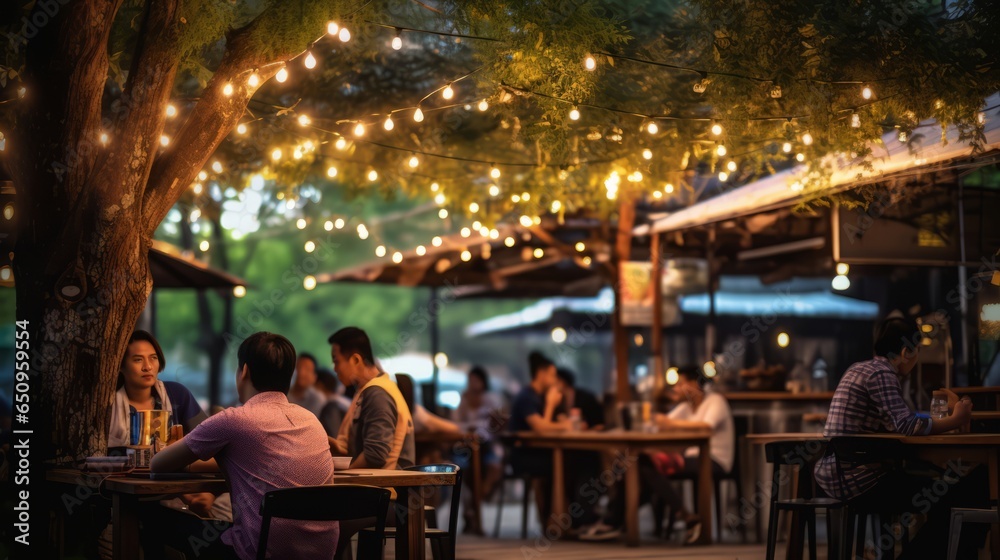 Bokeh Background of Asia's Restaurant Scene, where People Savor Meals, Socialize, and Enjoy Live Music