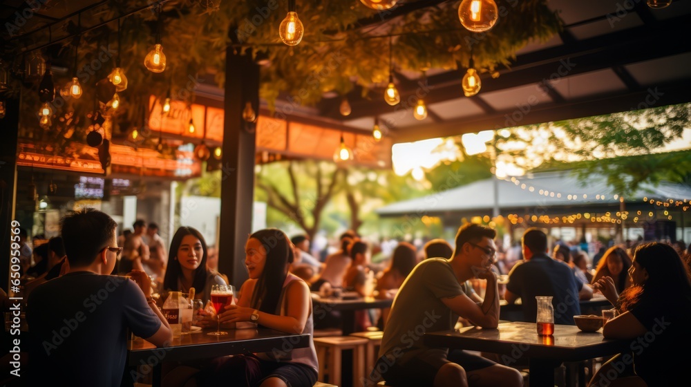 Vibrant Street Bar Restaurant: Bokeh Background of Socializing, Dining, and Music in Asia