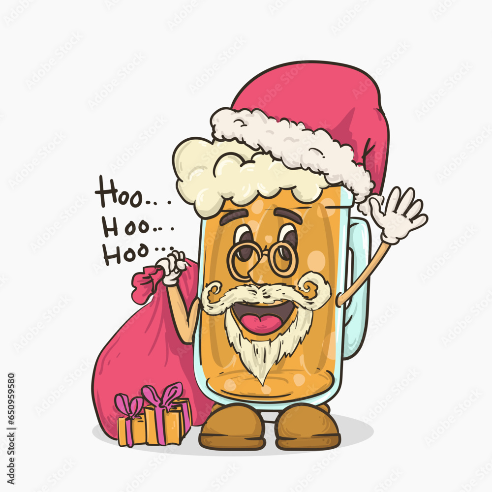 Φωτογραφία beer glass with face mascot  wear santa claus costume for christmas party vector