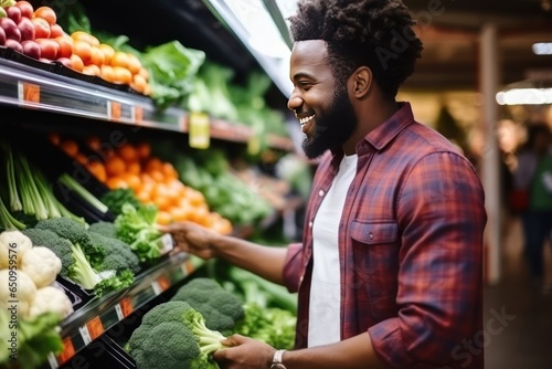 Young African American man shopping in grocery store. Side view choosing fresh fruits and vegetables in supermarket. Shopping concept. Format photo 3:2.